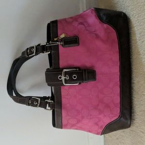 COACH F13021 Pink Canvas Brown Leather Handbag